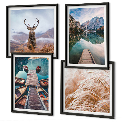 Set of 4 wall art pieces Lake boats deer mountains