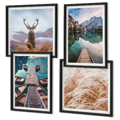 Lake boats deer and mountains wall art set of 4 pieces