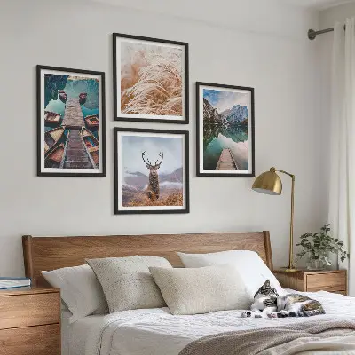 Lake boats deer and mountains wall art set of 4 pieces