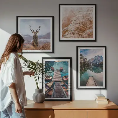 Lake boats deer and mountains wall art set of 4 pieces