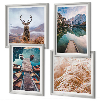 Set of 4 wall art pieces Lake boats deer mountains