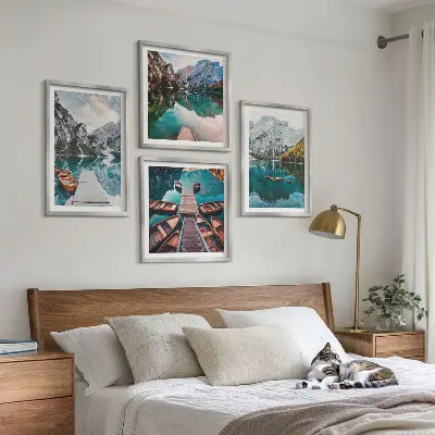 Multi-piece wall decor set featuring a lake with bridges and mountains