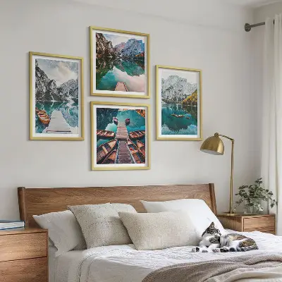 Multi-piece wall decor set featuring a lake with bridges and mountains