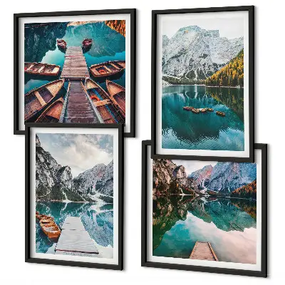 Multi-piece wall decor set featuring a lake with bridges and mountains