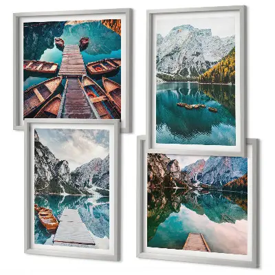 Multi-piece wall decor set featuring a lake with bridges and mountains