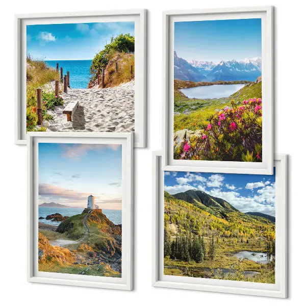 Set of 4 wall art pieces featuring beach, lighthouse, mountains, meadows, and flowers