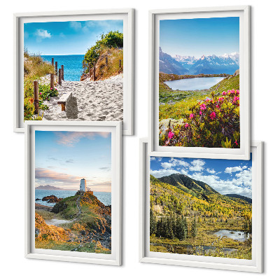 Set of 4 wall art pieces Beach, lighthouse, mountains, meadows, flowers