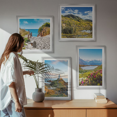 Set of 4 wall art pieces Beach, lighthouse, mountains, meadows, flowers