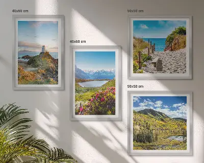 Set of 4 wall art pieces featuring beach, lighthouse, mountains, meadows, and flowers