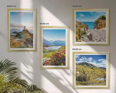 Set of 4 wall art pieces featuring beach, lighthouse, mountains, meadows, and flowers