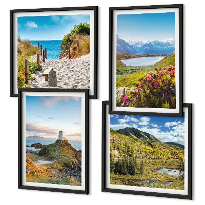 Set of 4 wall art pieces featuring beach, lighthouse, mountains, meadows, and flowers