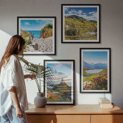Set of 4 wall art pieces Beach, lighthouse, mountains, meadows, flowers