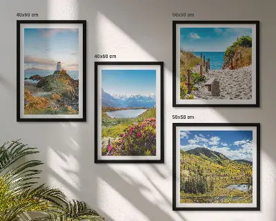 Set of 4 wall art pieces featuring beach, lighthouse, mountains, meadows, and flowers