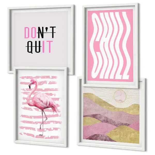 Multi-piece wall decor set pink flamingo and pastel mountain landscape