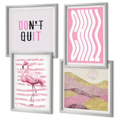Multi-piece wall decor set pink flamingo and pastel mountain landscape