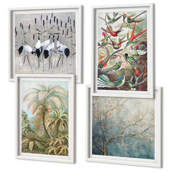 Set of 4 wall art pieces Tropical plants birds nature