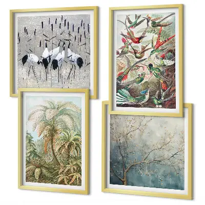 Tropical plants and birds wall art set of 4 pieces