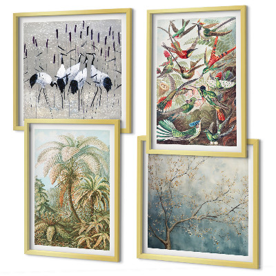 Set of 4 wall art pieces Tropical plants birds nature