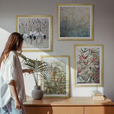Set of 4 wall art pieces Tropical plants birds nature