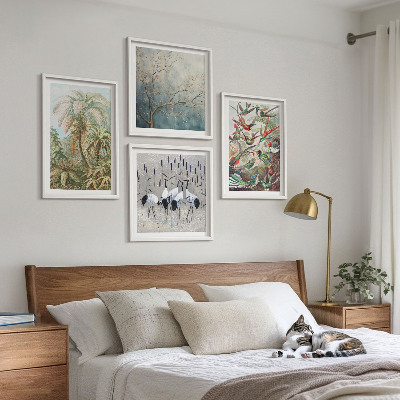 Set of 4 wall art pieces Tropical plants birds nature