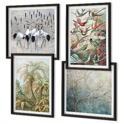 Tropical plants and birds wall art set of 4 pieces