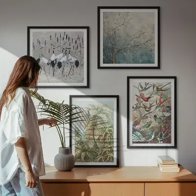 Tropical plants and birds wall art set of 4 pieces