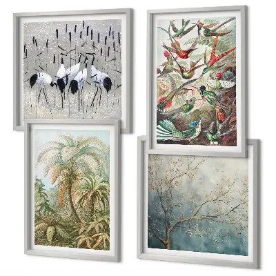 Tropical plants and birds wall art set of 4 pieces
