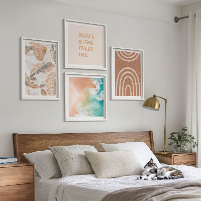 Set of 4 wall art pieces Delicate boho leaves lettering