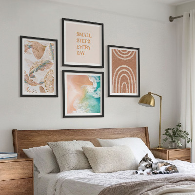 Set of 4 wall art pieces Delicate boho leaves lettering