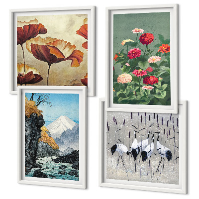 Set of 4 wall art pieces Mountains waterfall birds flowers