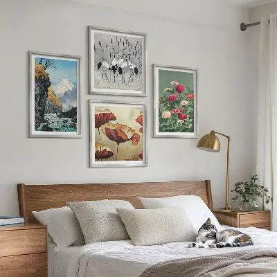 Mountain waterfall, bird and flower wall art set of 4 pieces