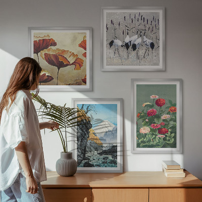 Set of 4 wall art pieces Mountains waterfall birds flowers