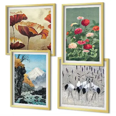 Mountain waterfall, bird and flower wall art set of 4 pieces