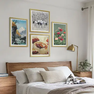 Mountain waterfall, bird and flower wall art set of 4 pieces