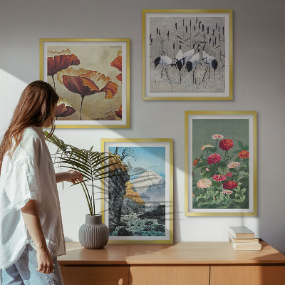 Set of 4 wall art pieces Mountains waterfall birds flowers