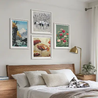 Mountain waterfall, bird and flower wall art set of 4 pieces