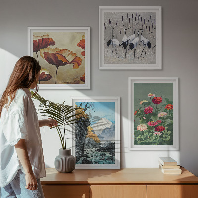 Set of 4 wall art pieces Mountains waterfall birds flowers