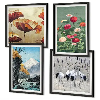Mountain waterfall, bird and flower wall art set of 4 pieces