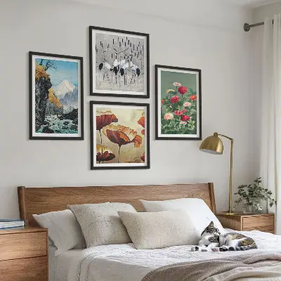 Mountain waterfall, bird and flower wall art set of 4 pieces