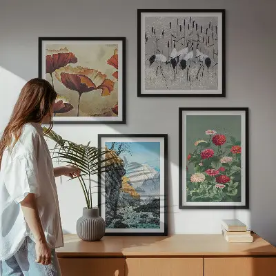 Mountain waterfall, bird and flower wall art set of 4 pieces