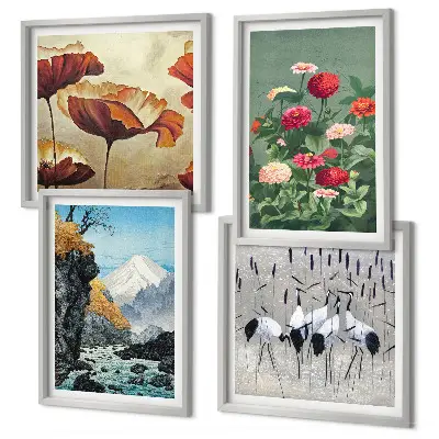 Mountain waterfall, bird and flower wall art set of 4 pieces