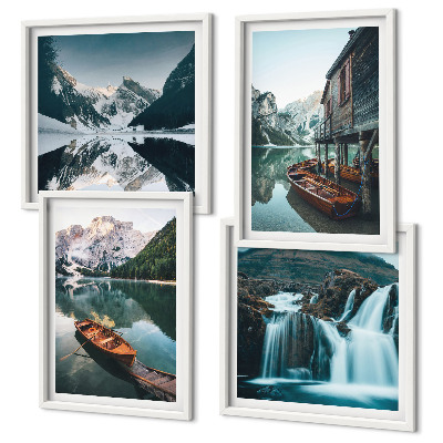 Set of 4 wall art pieces Mountain lakes boats reflection
