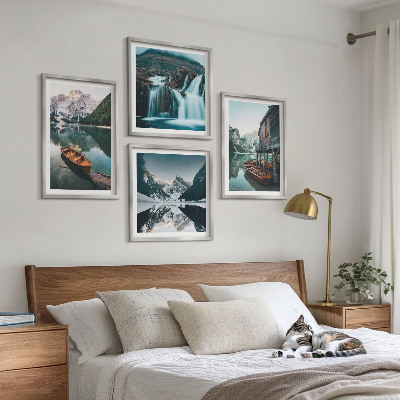 Set of 4 wall art pieces Mountain lakes boats reflection