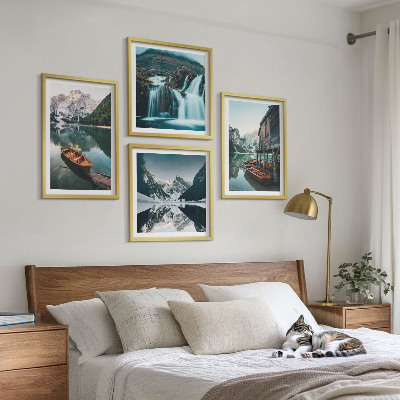 Set of 4 wall art pieces Mountain lakes boats reflection