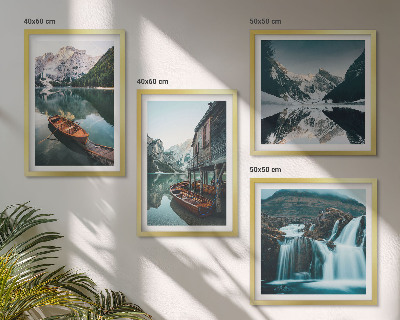 Set of 4 wall art pieces Mountain lakes boats reflection