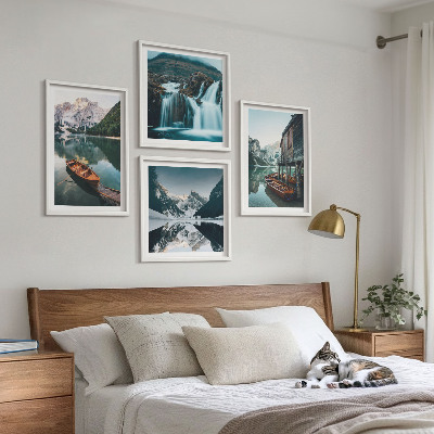 Set of 4 wall art pieces Mountain lakes boats reflection