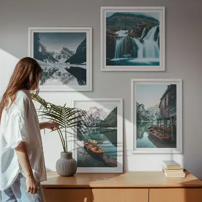 Mountain lakes boats reflection wall art set of 4 pieces