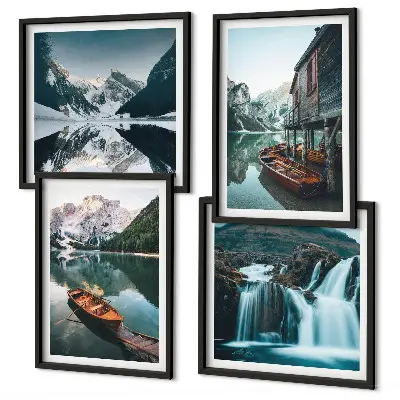 Mountain lakes boats reflection wall art set of 4 pieces