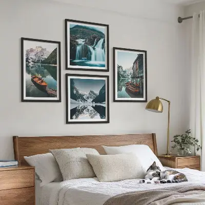 Mountain lakes boats reflection wall art set of 4 pieces