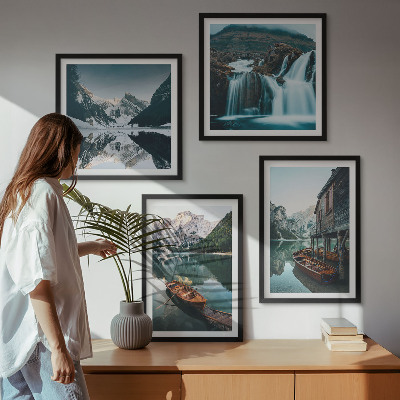 Set of 4 wall art pieces Mountain lakes boats reflection
